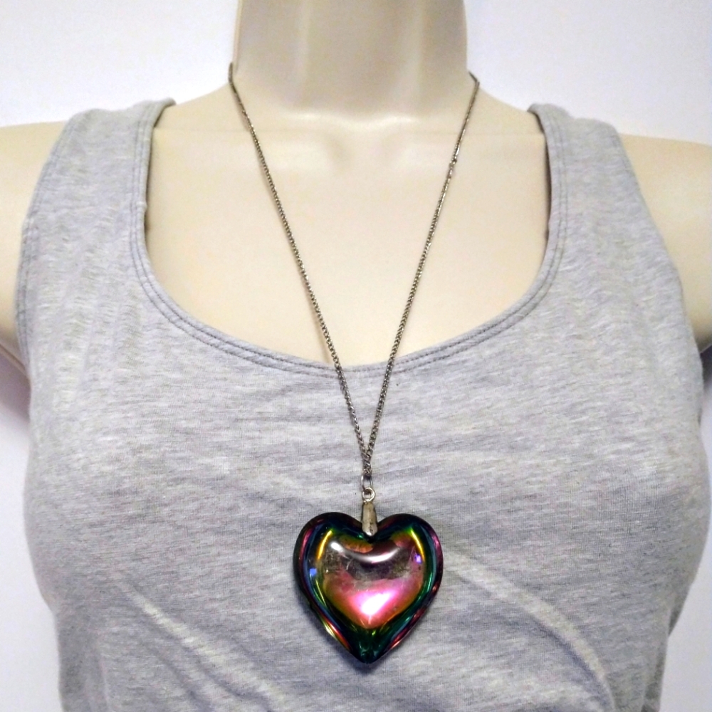 Vintage Prismatic Iridescent‎ Glass Large Chunky Heart Pendant Chain Necklace